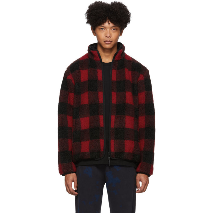 John Elliott Reversible Red and Black Polar Fleece Buffalo Check