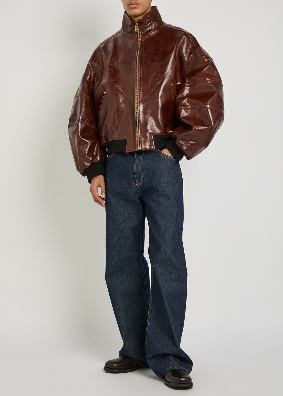 Willy Chavarria Quilted Leather Bomber Jacket Brown