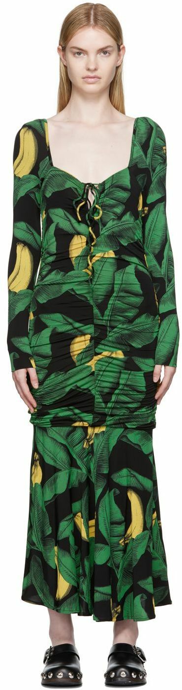 ganni ruched mesh midi dress Floral Ruched Mesh Dress