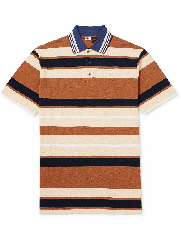 Photo: LOEWE - Paula's Ibiza Striped Cotton and Linen-Blend Piqué Polo Shirt - Brown