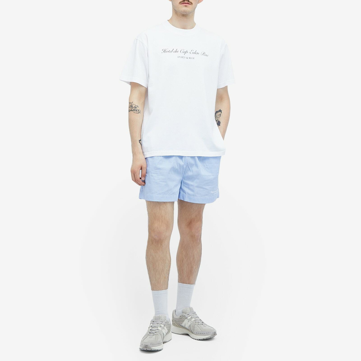 Sporty & Rich Hotel du Cap Cursive Poplin Short in Blue/White Thin Stripe White