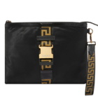 Versace Men's Greek Logo Nylon Pouch in Black/Gold