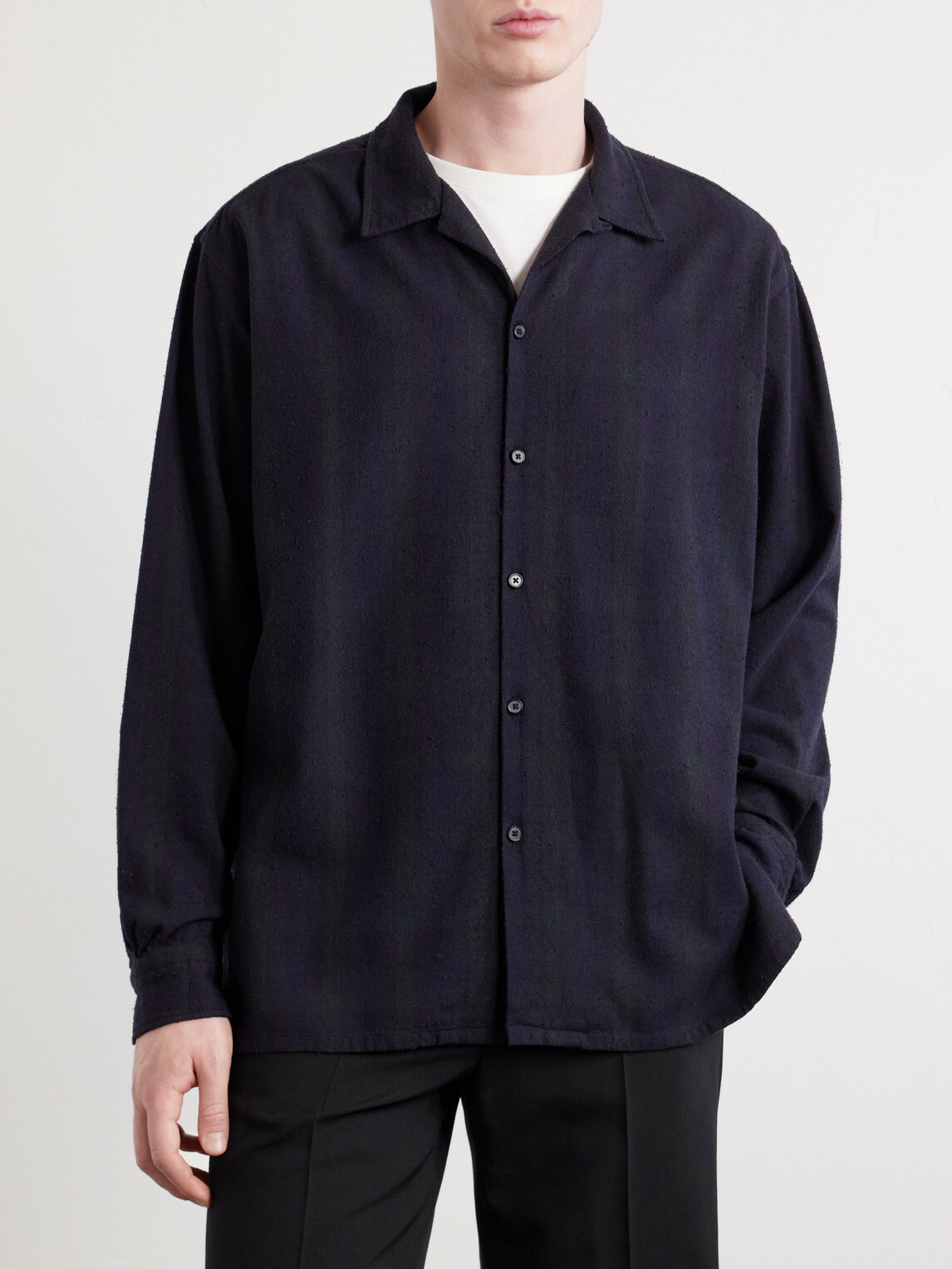 A.PRESSE - Camp-Collar Checked Silk Shirt - Blue