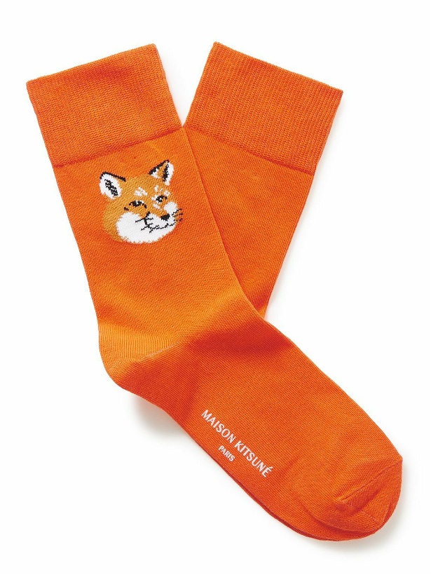 Photo: Maison Kitsuné - Logo-Jacquard Stretch Cotton-Blend Socks - Orange