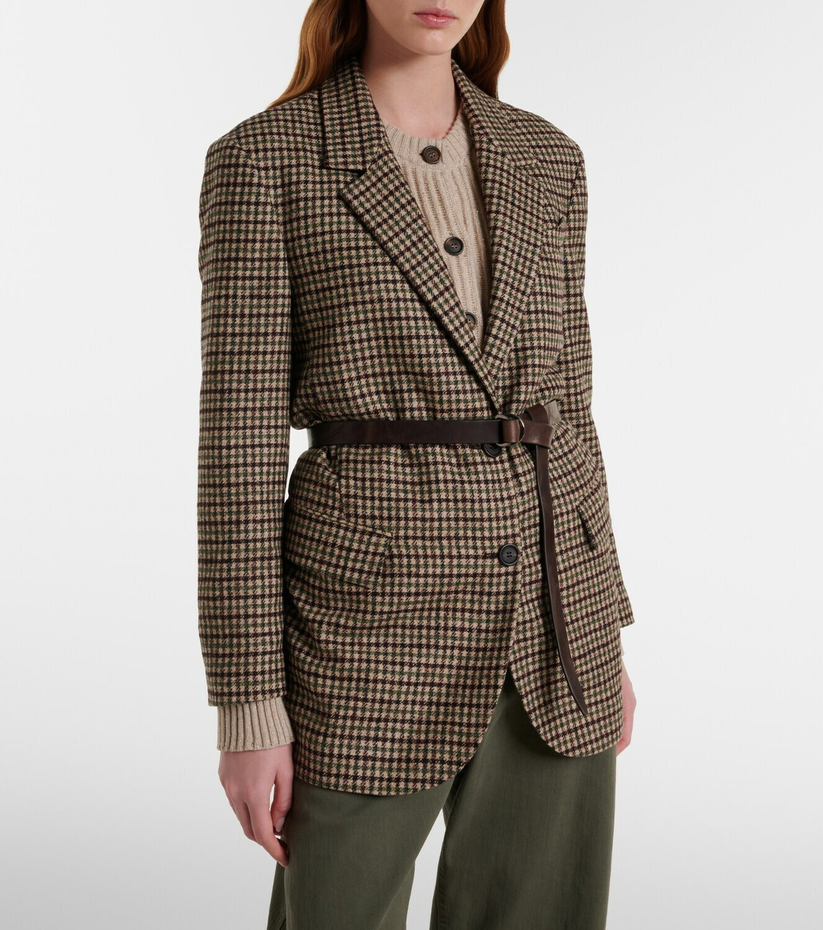 Brunello Cucinelli Belted checked wool and alpaca-blend jacket