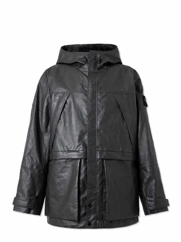Photo: Stone Island - Logo-Appliquéd Paneled Textured Leather Hooded Jacket - Gray