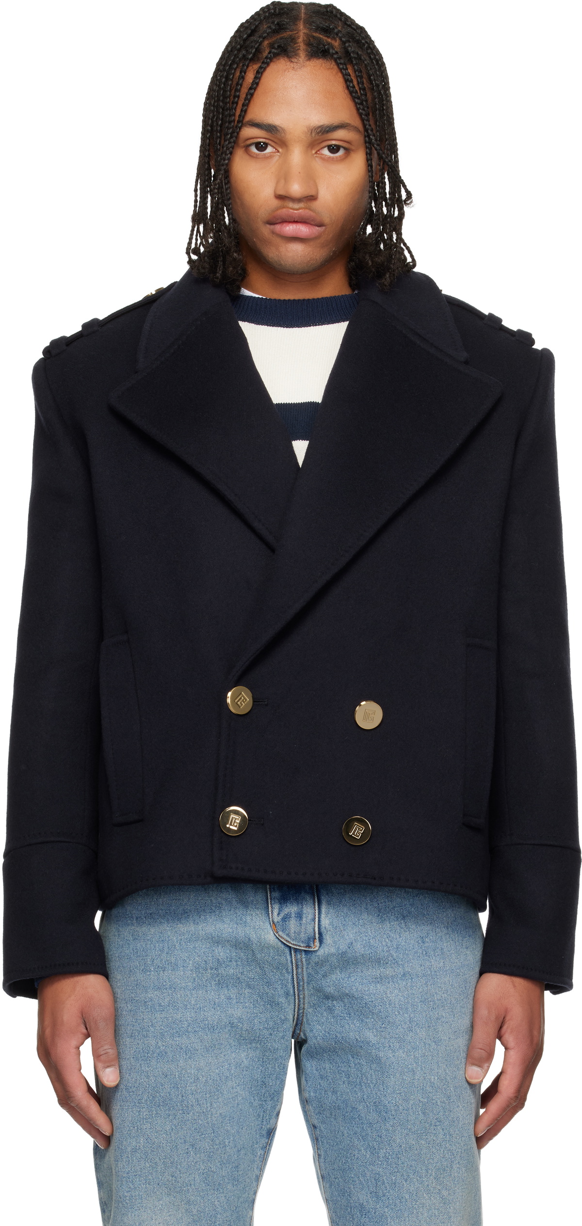 Balmain Navy Cropped Wool Reefer Jacket