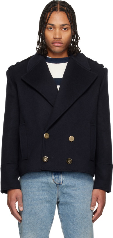Photo: Balmain Navy Cropped Wool Reefer Jacket