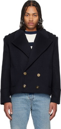 Balmain Navy Cropped Wool Reefer Jacket