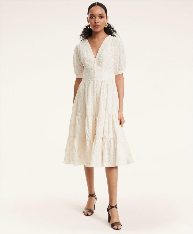 Photo: Brooks Brothers Women's Cotton Embroidered Tiered Maxi Dress | Natural