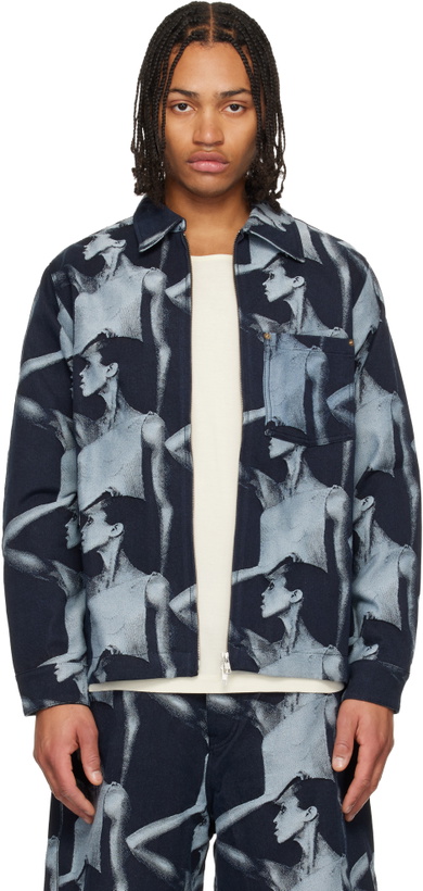 Photo: Wales Bonner Navy Theaster Gates Edition 'The Jet Zip' Denim Jacket