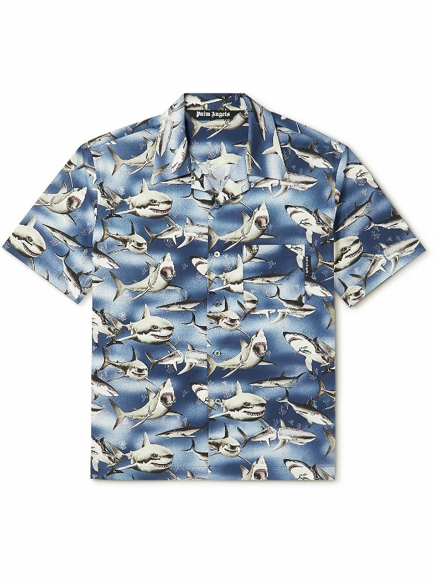 Photo: Palm Angels - Camp-Collar Printed Cotton-Voile Shirt - Blue