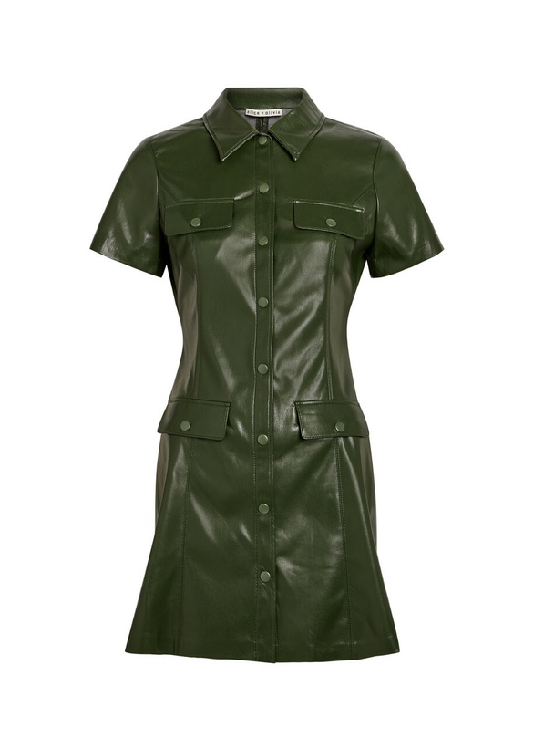 Photo: Alice + Olivia Jamie Faux Leather Mini Shirt Dress Dark Green