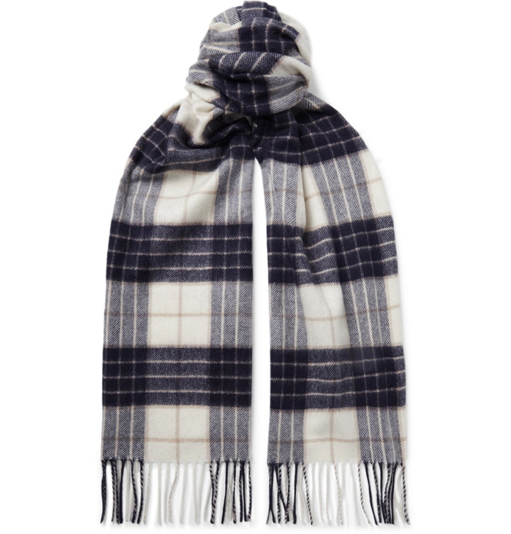 Photo: Johnstons of Elgin - Fringed Checked Cashmere Scarf - Blue