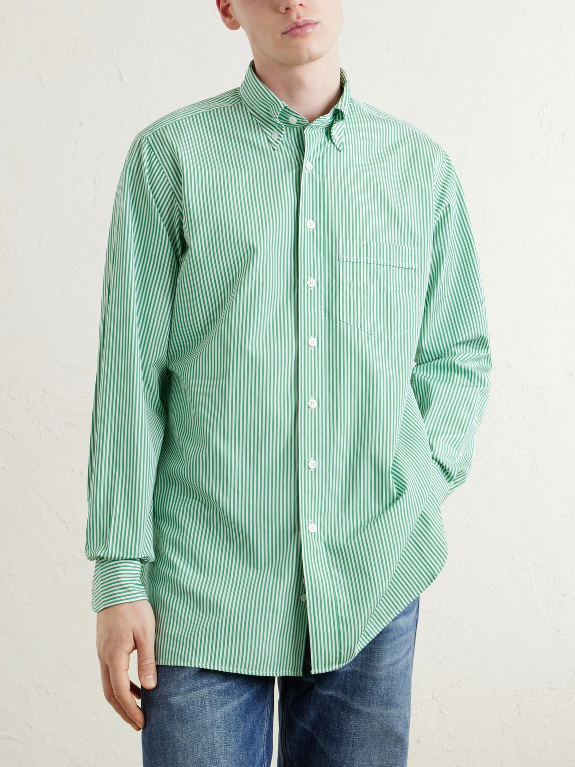 Drake's - Button-Down Collar Striped Cotton-Poplin Shirt - Green