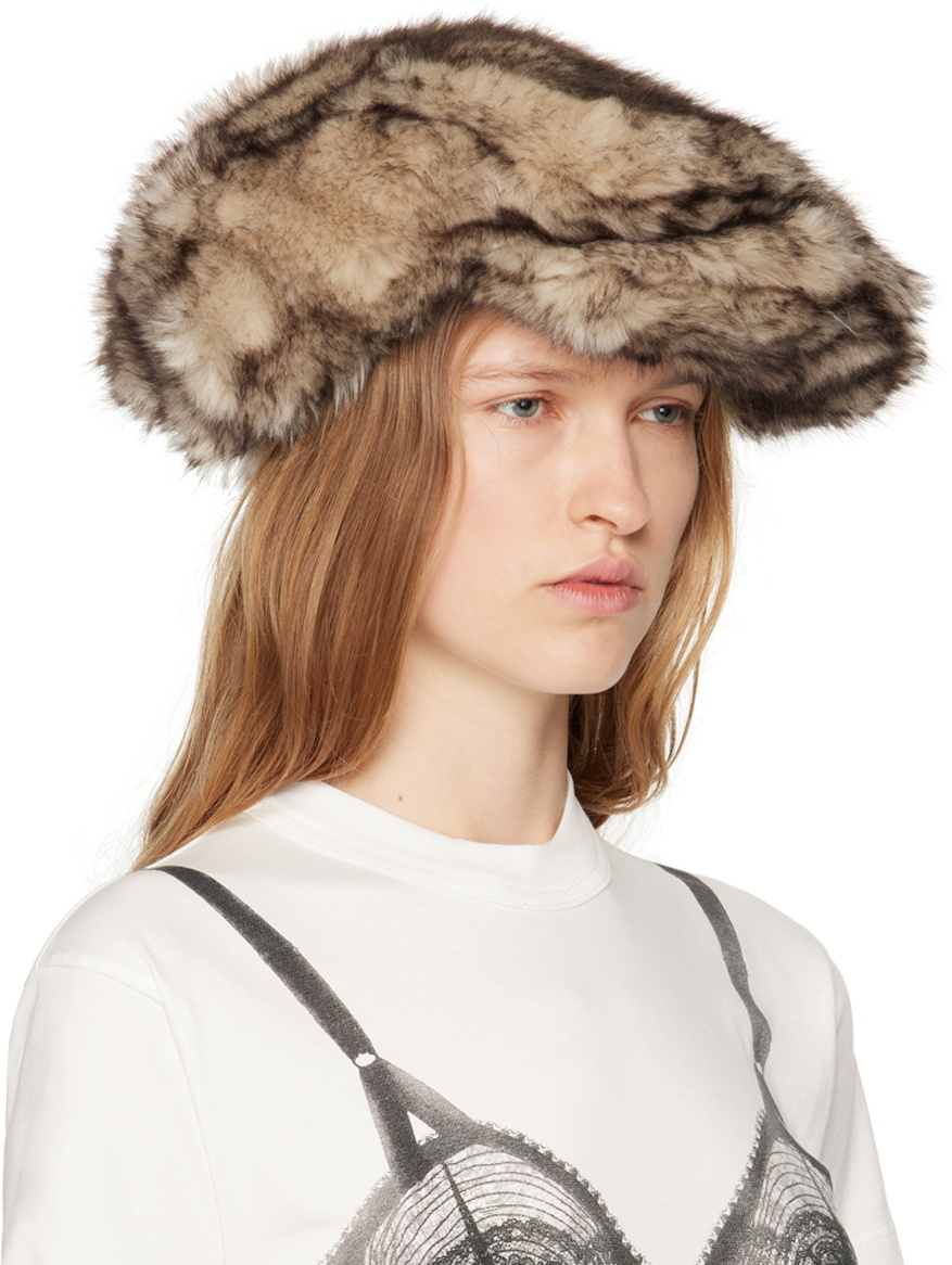 VAQUERA Off-White & Brown Newsboy Wolf Faux-Fur Cap