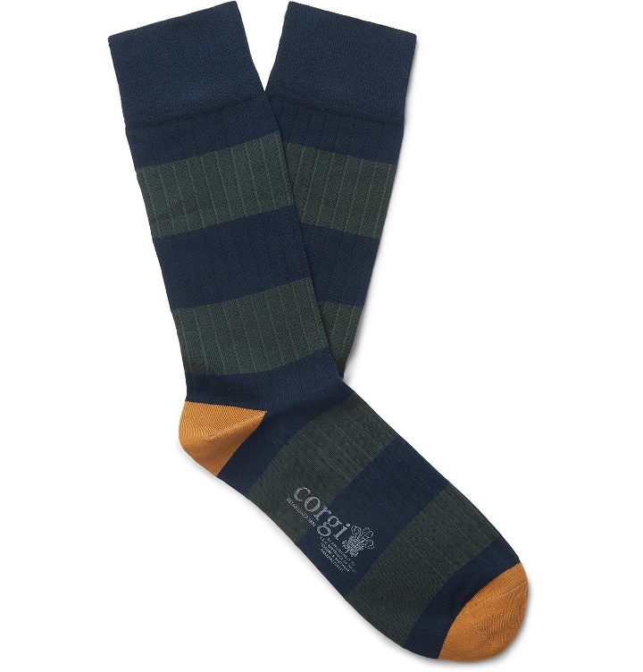 Photo: Corgi - Striped Ribbed Cotton-Blend Socks - Green