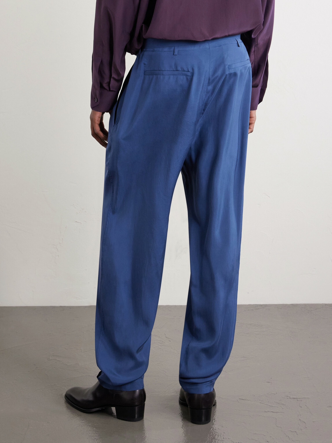 SAINT LAURENT - Tapered Belted Pleated Silk Trousers - Blue