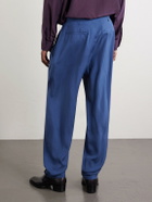SAINT LAURENT - Tapered Belted Pleated Silk Trousers - Blue