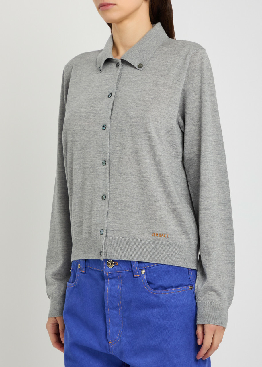 Versace Logo-embroidered Wool Cardigan Grey