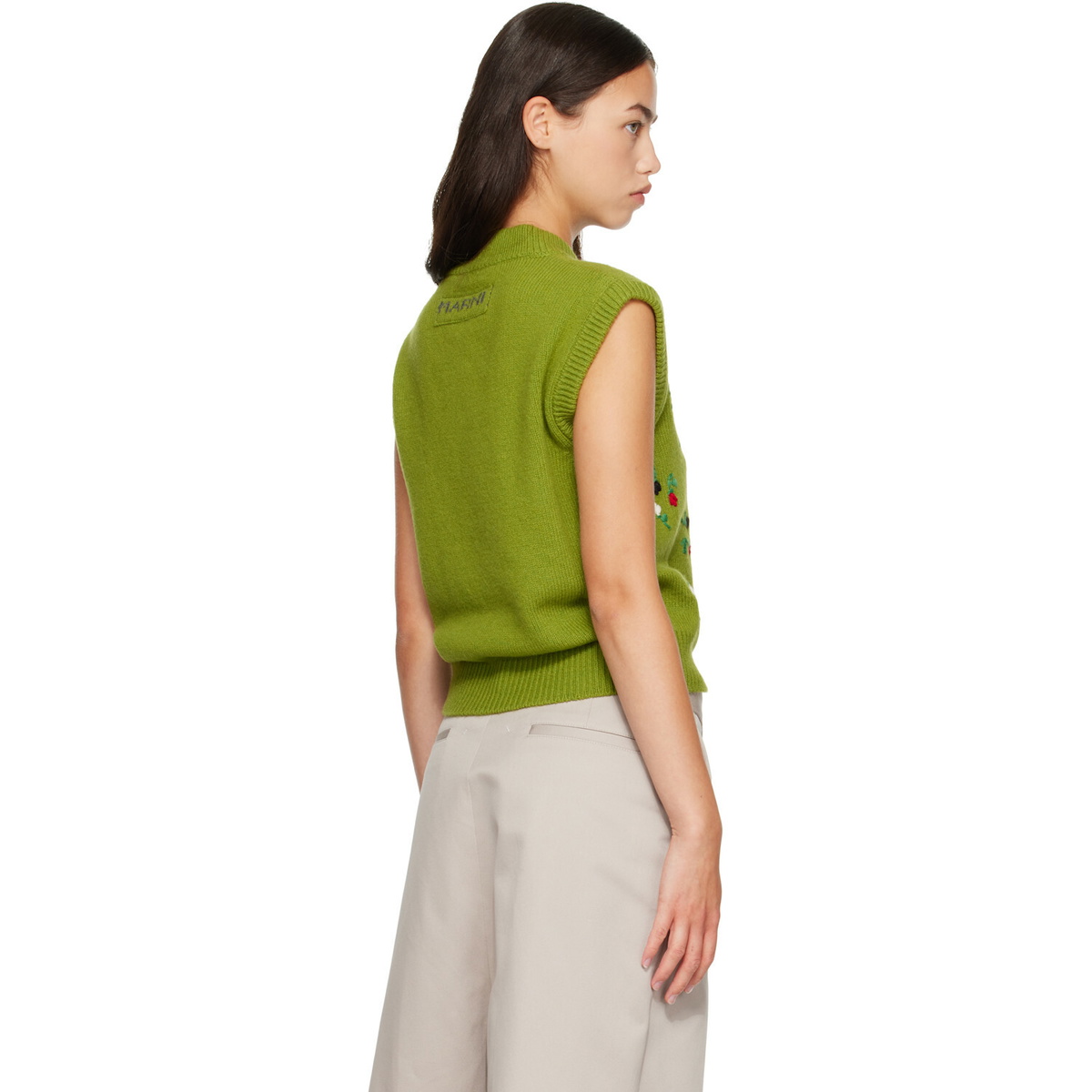 Marni Green Wool-Cashmere Flower Embroidery Vest