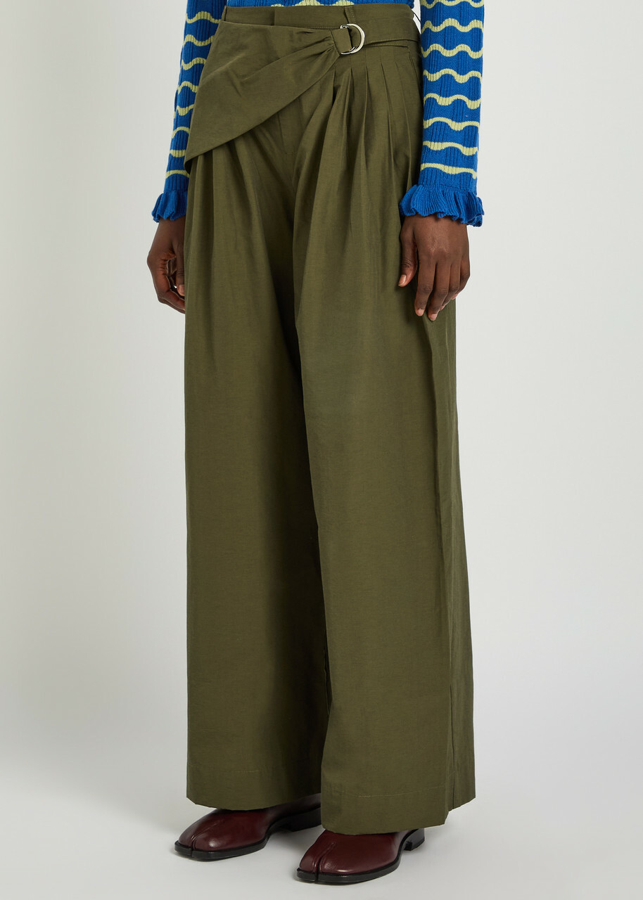 Damson Madder Fabia Cotton-blend Wide-leg Trousers Khaki