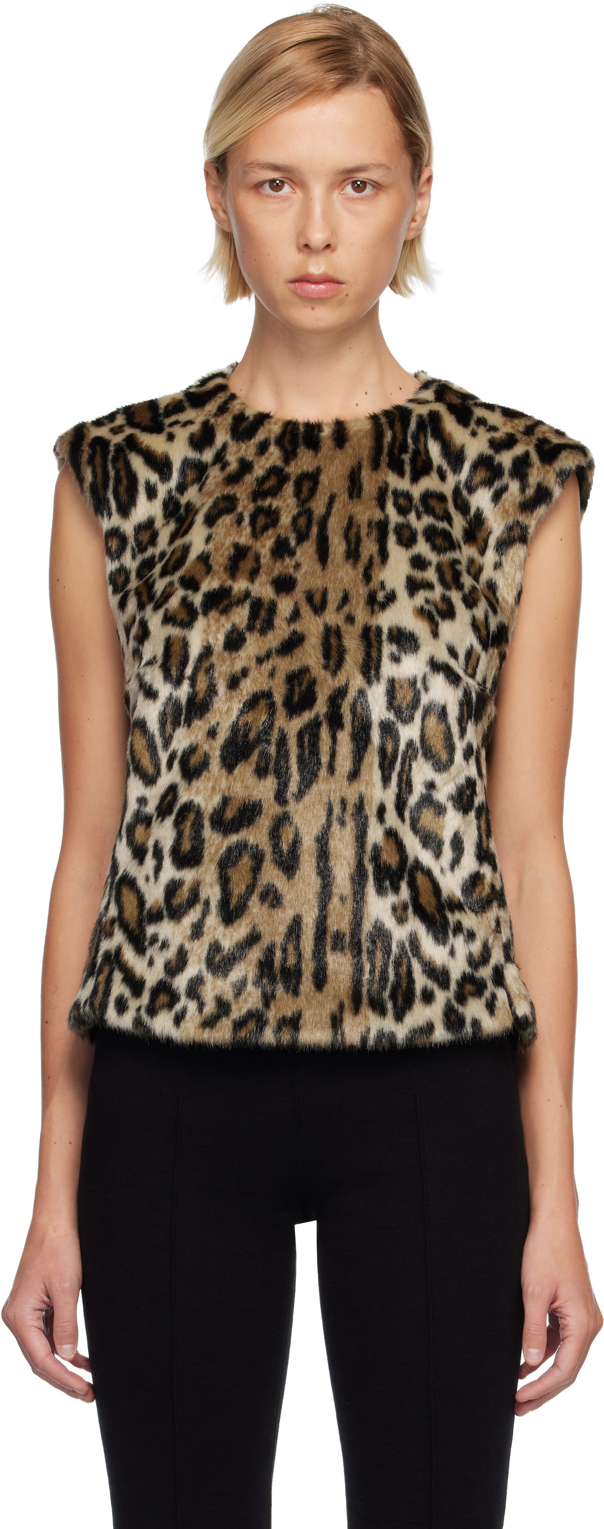 Anna Sui Beige & Black Leopard Sleeveless Faux-Fur Top