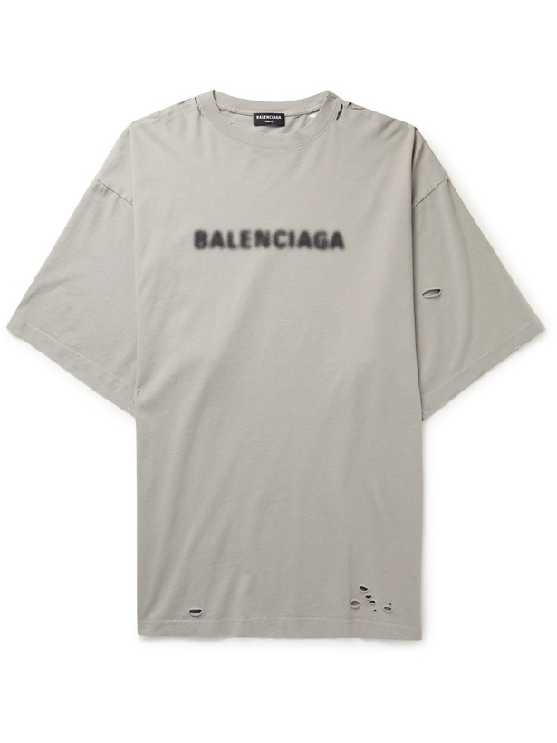 Photo: Balenciaga - Oversized Distressed Logo-Print Cotton-Jersey T-Shirt - Gray