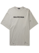 Balenciaga - Oversized Distressed Logo-Print Cotton-Jersey T-Shirt - Gray