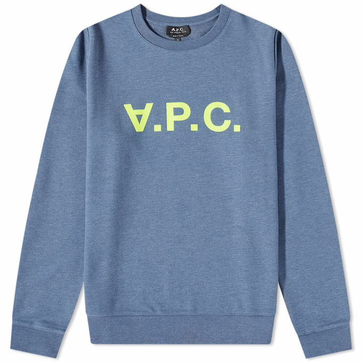 Photo: A.P.C. Men's VPC Neon Logo Crew Sweat in Navy/Yellow