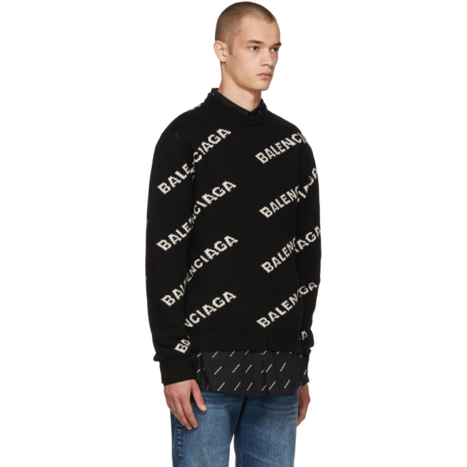 Balenciaga Black Wool and Camel All Over Logo Sweater Balenciaga