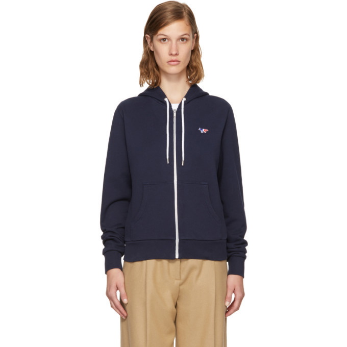 Photo: Maison Kitsune Navy Tricolor Fox Patch Zip Hoodie