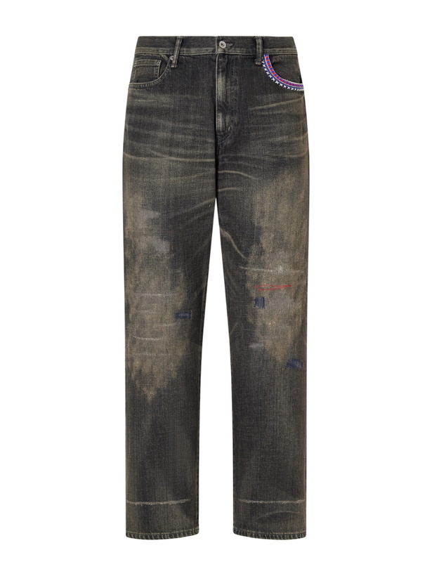 Photo: Neighborhood - Savage Straight -Leg Bead-Embellished Distressed Jeans - Gray