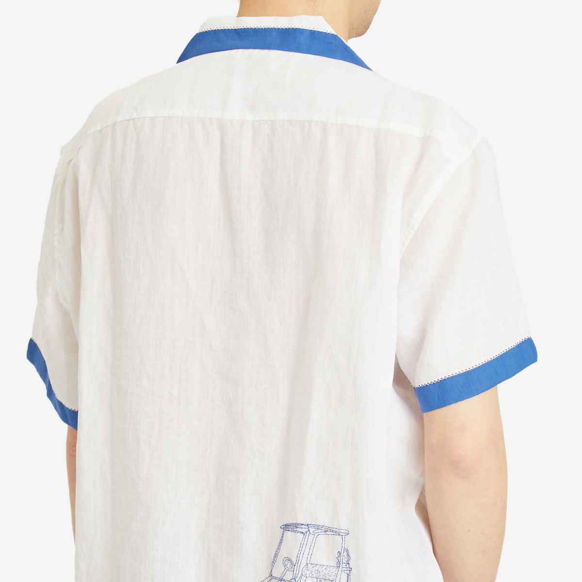 BODE Men's Club Champion Short Sleeve Shirt in White Blue