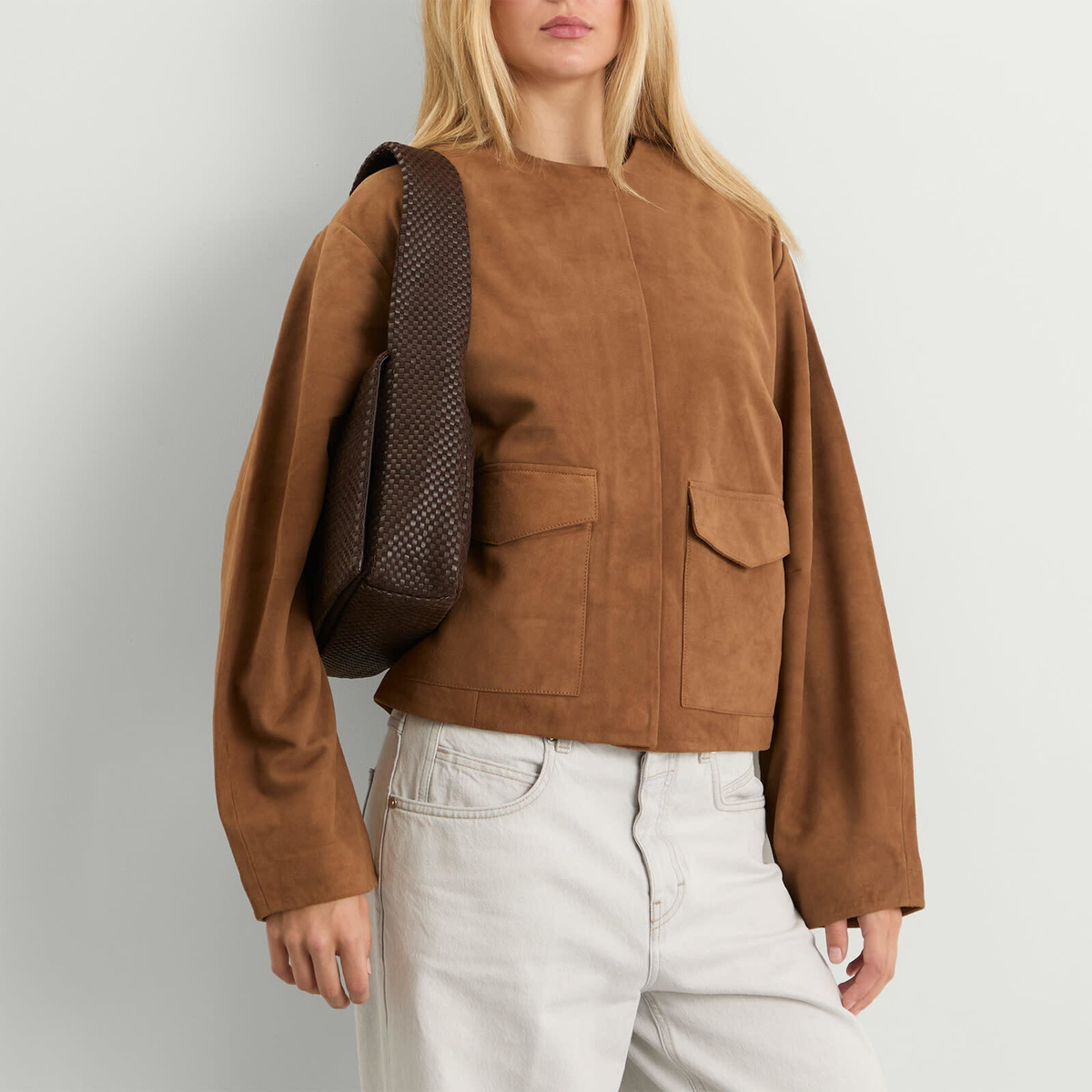 ST. Agni Women's Suede Utility Cocoon Bomber Jacket in Toffee