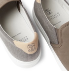 Brunello Cucinelli - Leather-Trimmed Nubuck and Canvas Slip-On Sneakers - Gray