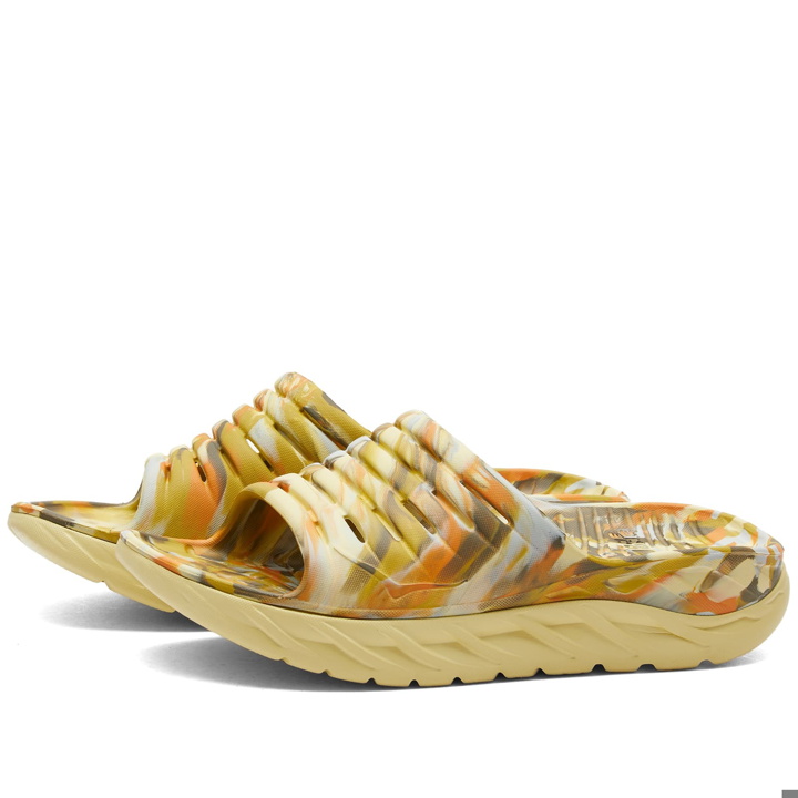 Photo: Hoka One One Ora Recovery Slide Swirl Sneakers in Celery Root/Golden Lichen