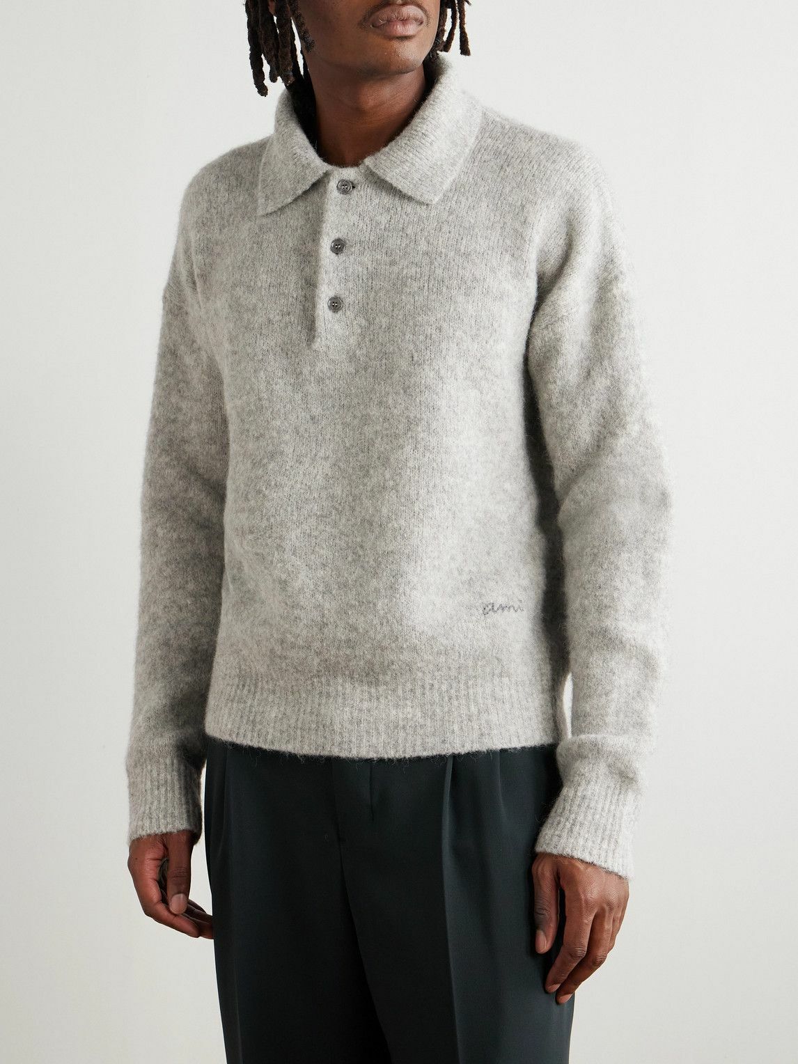 AMI PARIS - Logo-Embroidered Brushed-Knit Polo Shirt - Gray