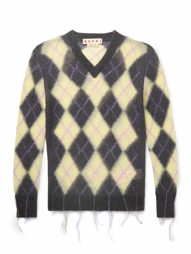 Photo: Marni - Slim-Fit Fringed Argyle Mohair-Blend Sweater - Yellow