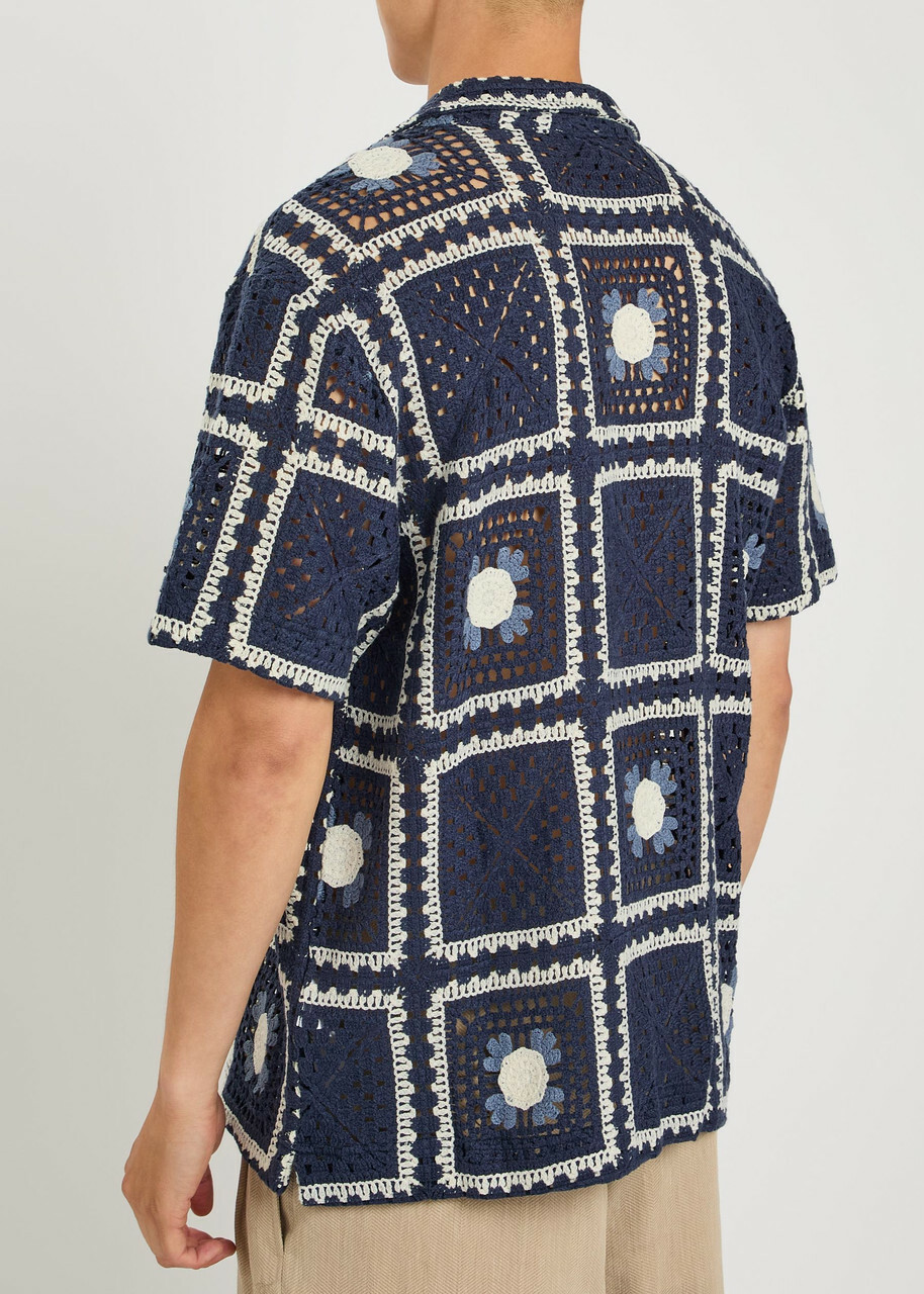 Che Tejer Patchwork Crochet Open-knit Shirt Navy