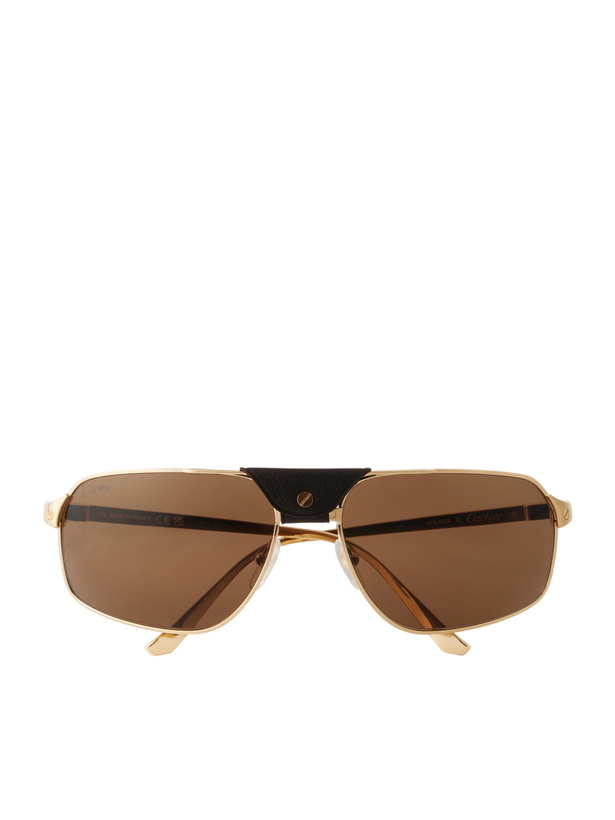 Photo: Cartier Eyewear - Santos de Cartier Aviator-Style Leather-Trimmed Gold-Tone Sunglasses - Gold