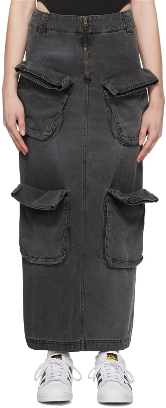 Photo: OPEN YY Black Cargo Denim Maxi Skirt