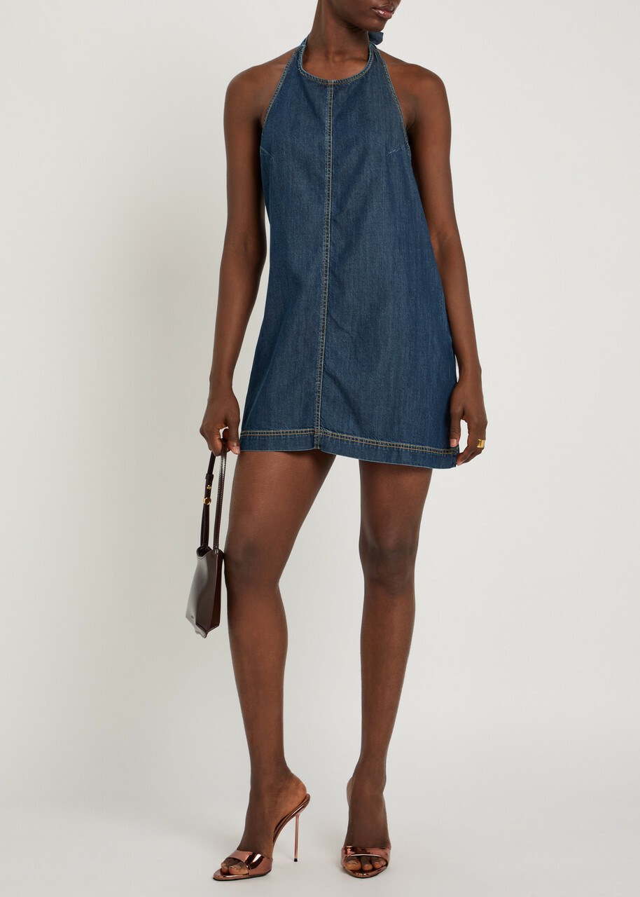 Good American Halterneck Denim Mini Dress Navy