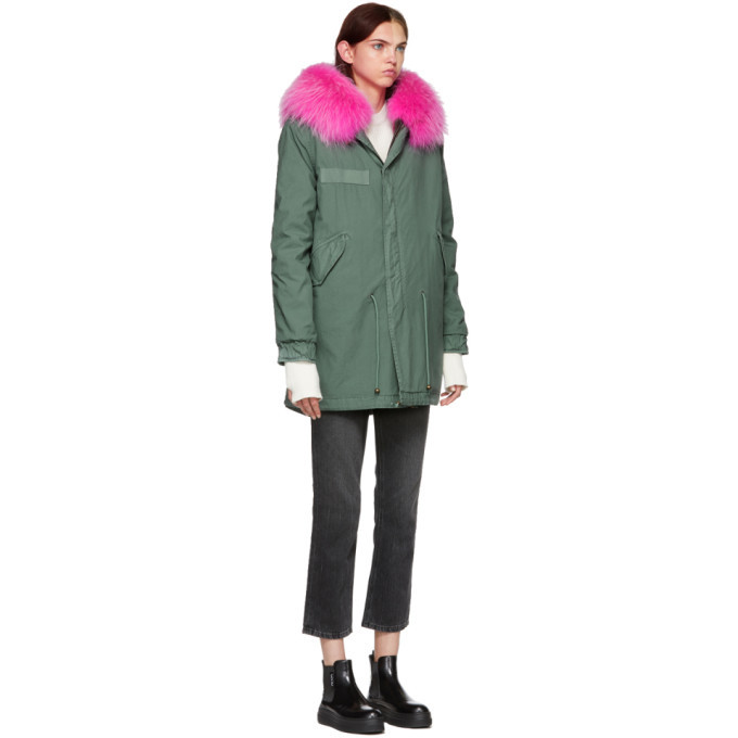 Mr and Mrs Italy Green and Pink Canvas Small Fur Hooded Parka