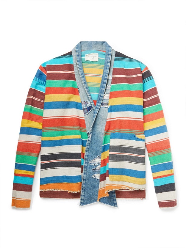 Photo: GREG LAUREN - Shawl-Collar Distressed Denim-Trimmed Striped Cotton Shirt Jacket - Multi - 2
