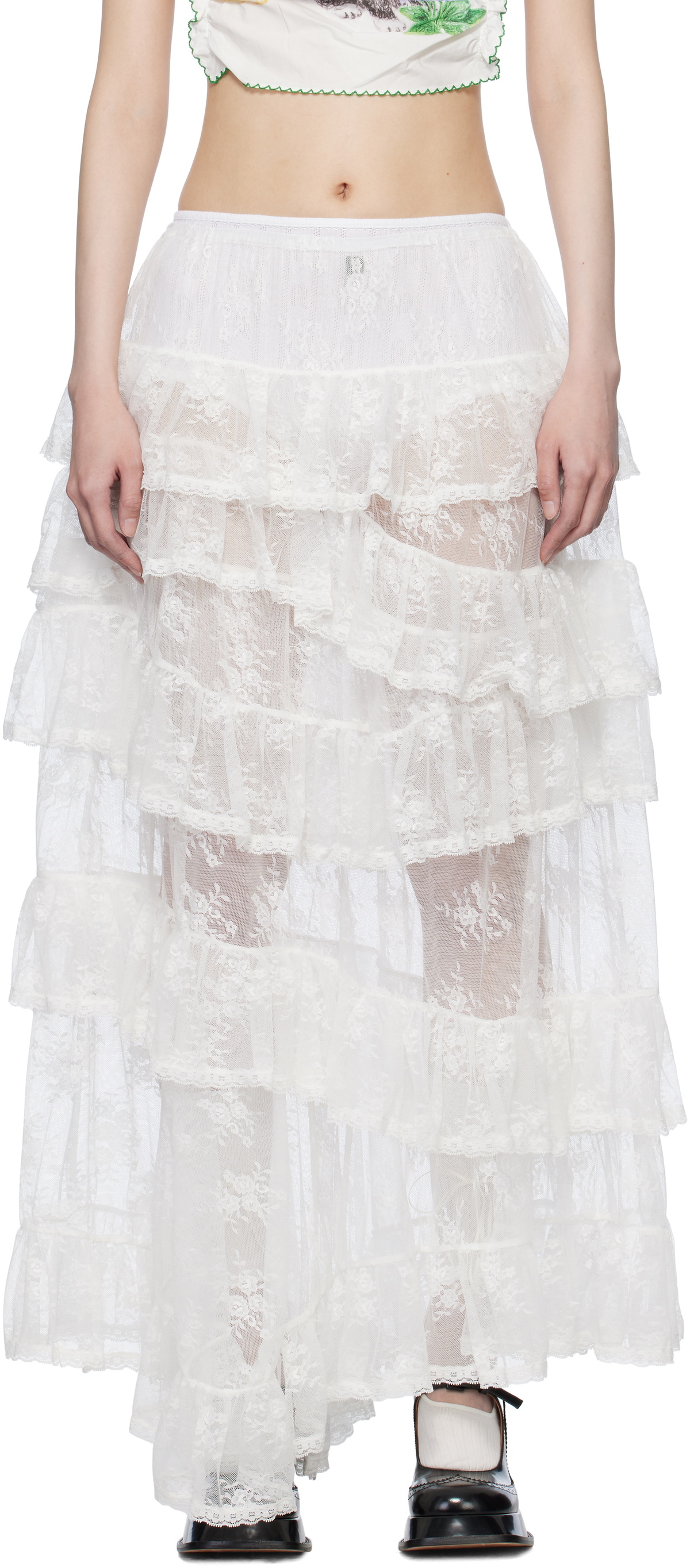 【関税込み】Yuhan Wang ホワイト Ruffled Lace ミニスカート Yuhan Wang Ruffled Lace Miniskirt - White | Editorialist