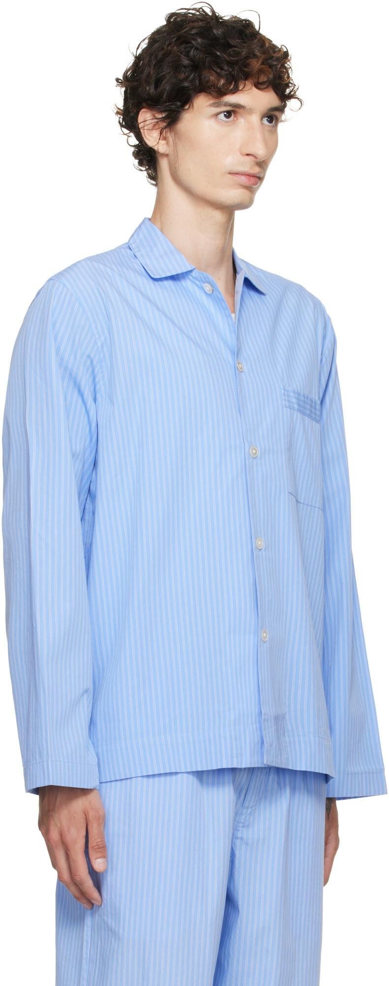 Tekla Blue Poplin Long-Sleeved Pyjama Shirt