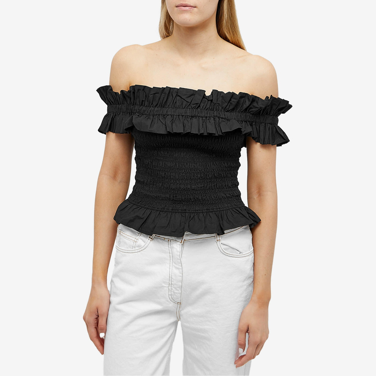 GANNI Women's Off-Shoulder Smock Top in Black GANNI