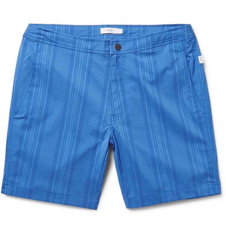Photo: Onia - Calder Mid-Length Striped Swim Shorts - Men - Blue