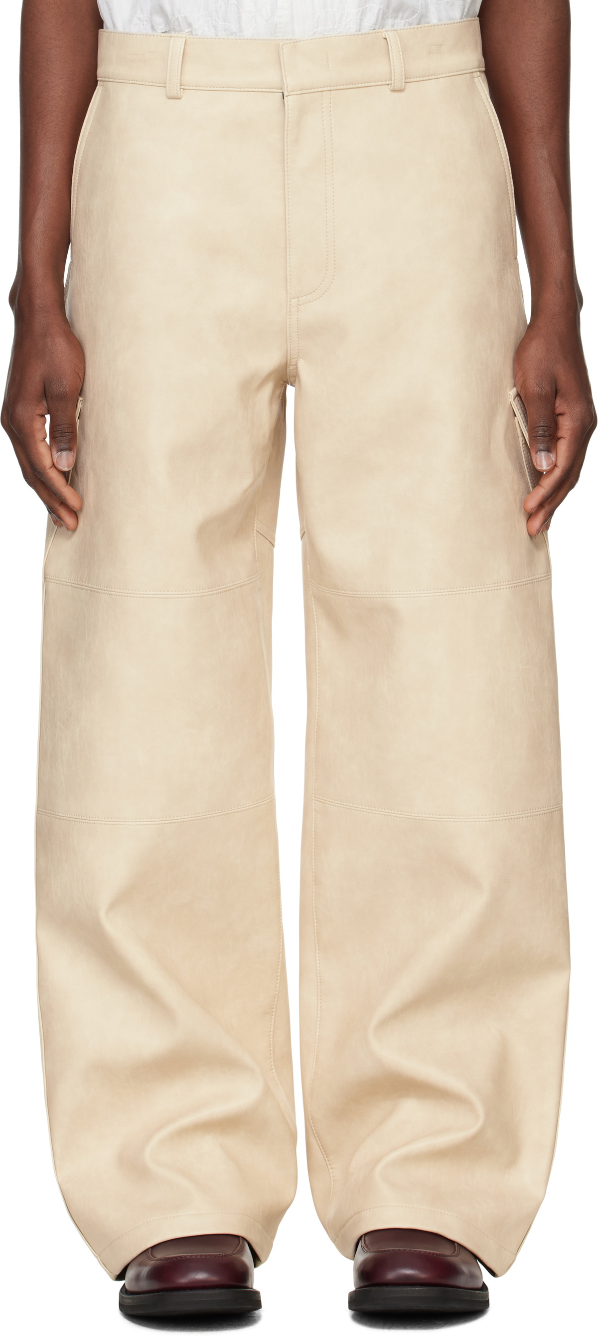 System Beige Faux Leather Cargo Pants
